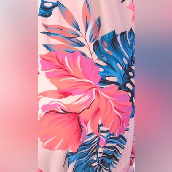 Pink Tropical Floral Deep V-Neck One Piece Swimsuit Retro Vintage PLUS SIZE XXL - Picture 2 of 5